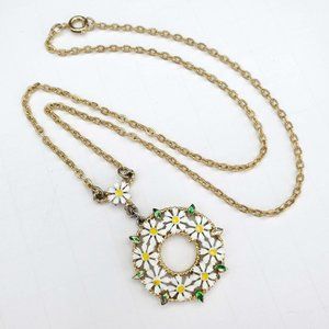 Vintage Enamel Daisy Wreath Pendant Necklace